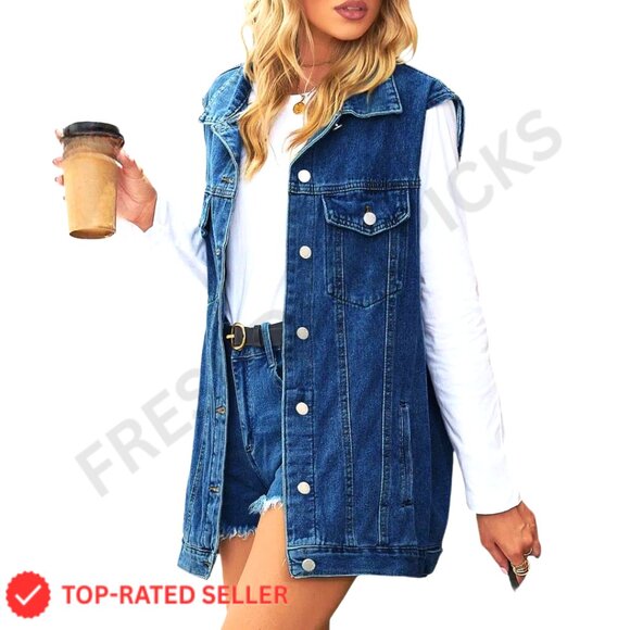 Oversized Denim Vest Button Down Waistcoat Detachable Hood Plus Size Casual